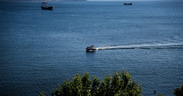 Een speedboot vaart over de kalme blauwe oceaan, met vrachtschepen in de verte.