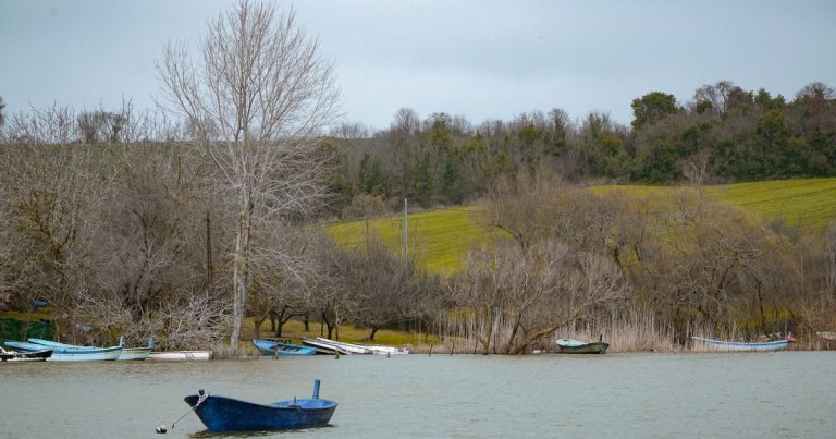 Afgemeerde boten aan een rustig meer met een winters landschap op de achtergrond