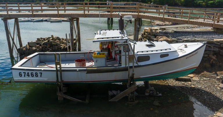 Een vissersboot op een droogdok langs een rustige jachthaven met houten steigers.