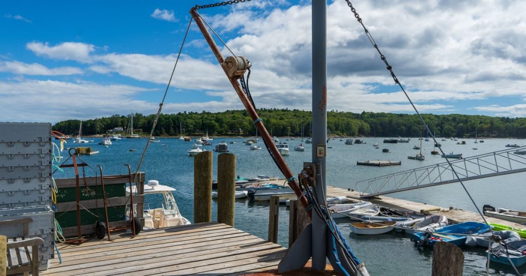 Rustige haven met een houten steiger en boten onder een heldere lucht
